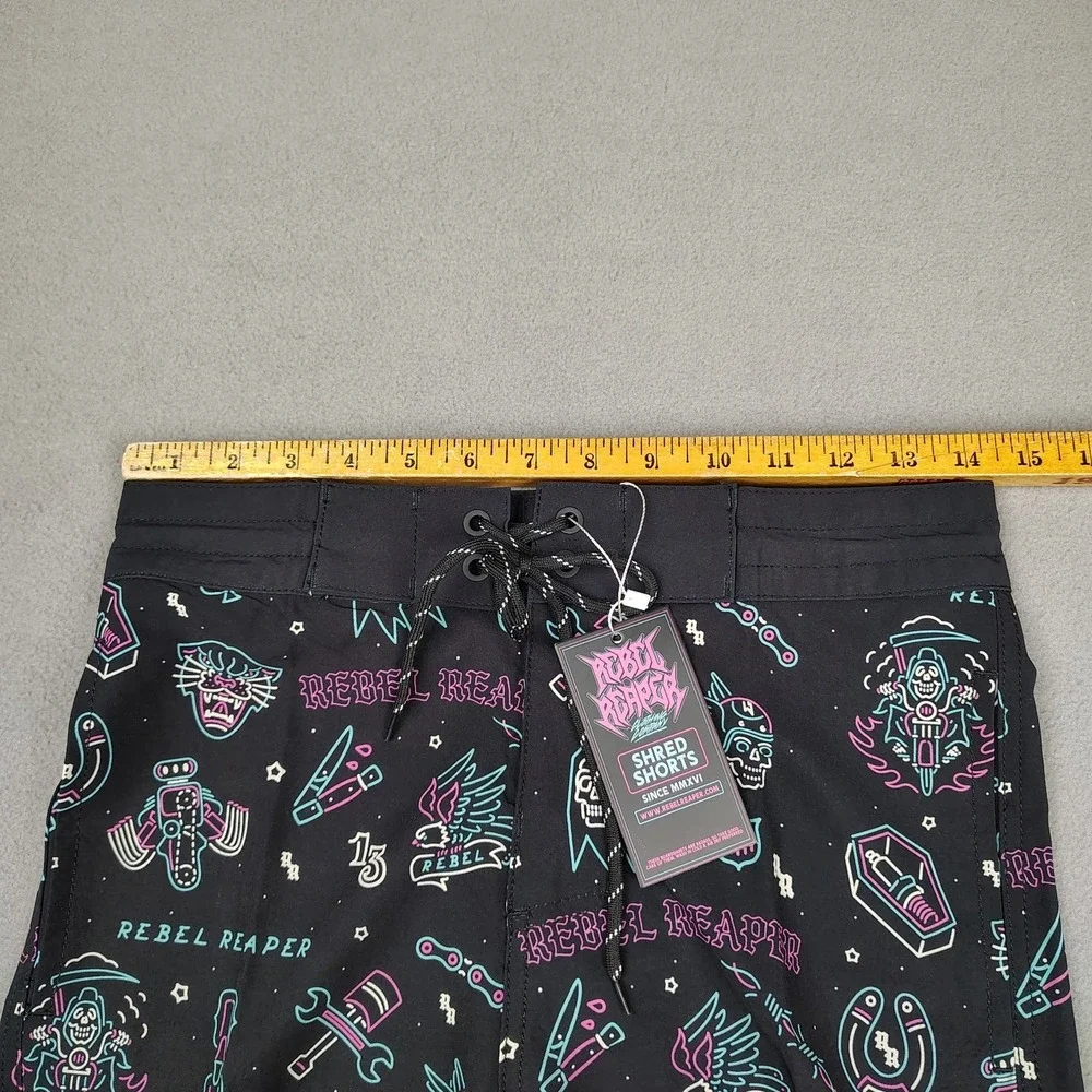 Rebel Reaper Board Shorts Men Small Black Swim Trunks Tattoo Biker Pockets NWT